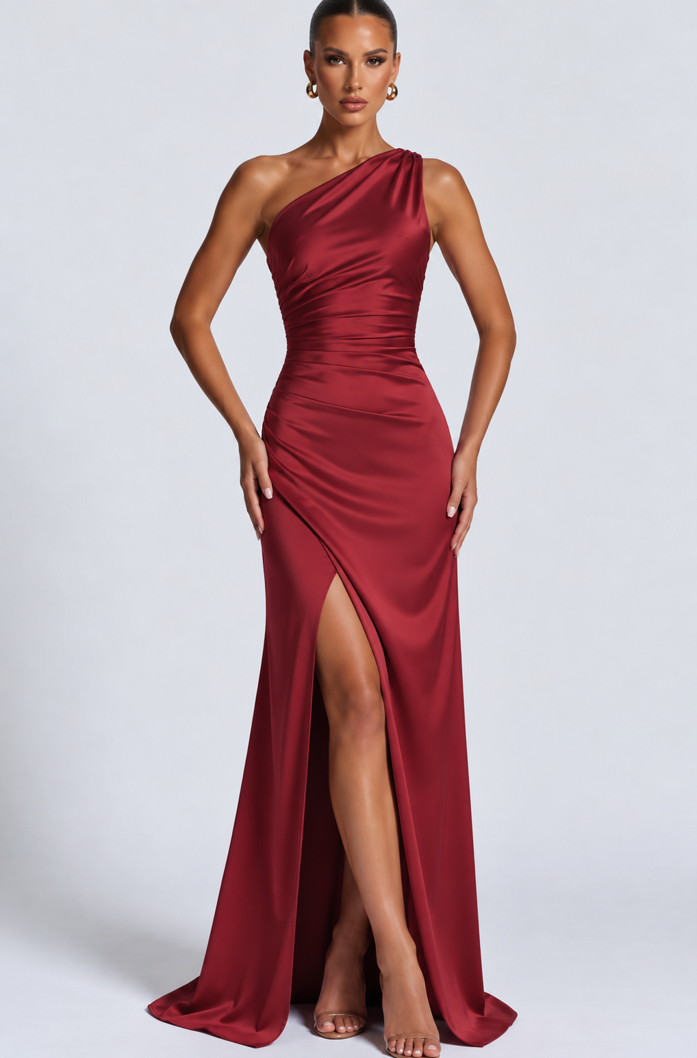 Peony one shoulder satin maxi dress with slit – image 8