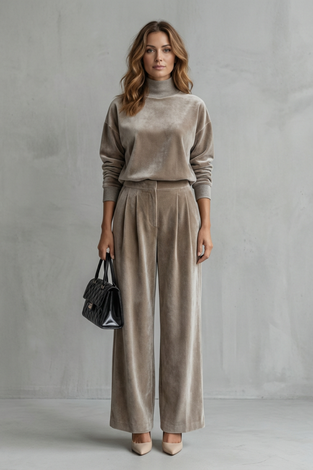 Sybil velour high neck top and wide leg trouser set – image 2