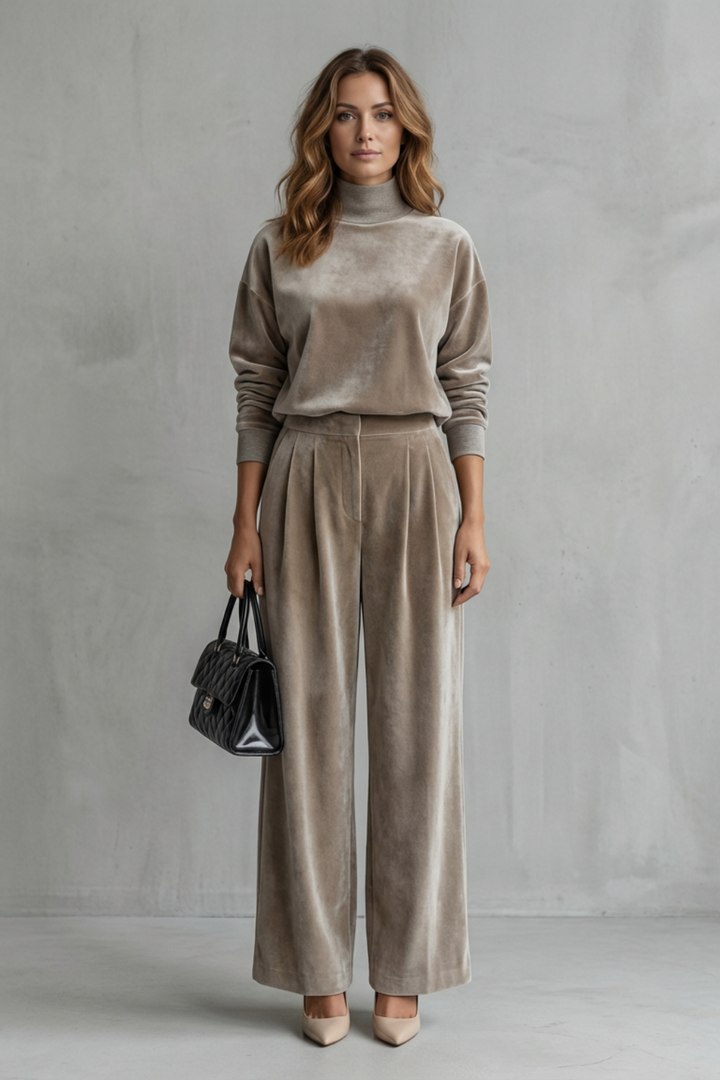 Sybil velour high neck top and wide leg trouser set – image 2