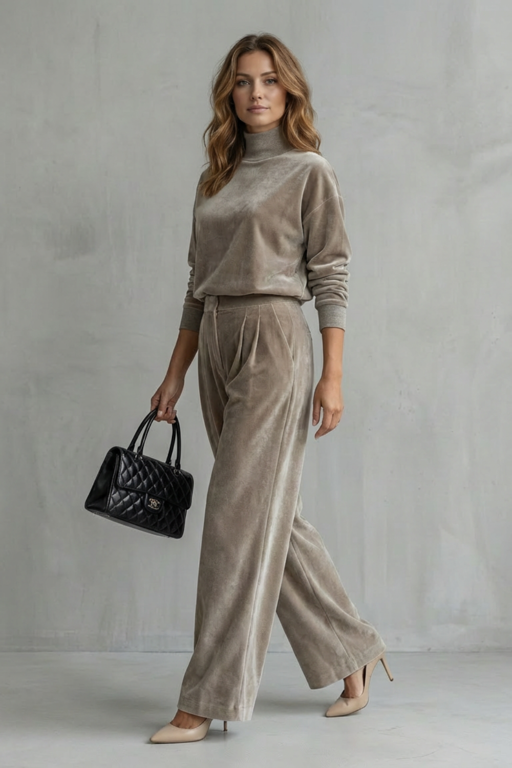 Sybil velour high neck top and wide leg trouser set – image 3