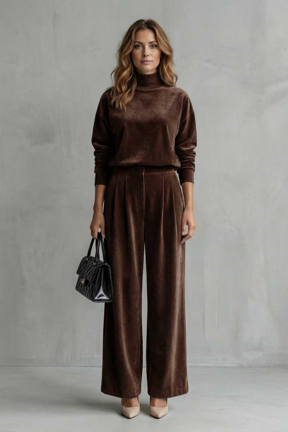 Sybil velour high neck top and wide leg trouser set – image 10