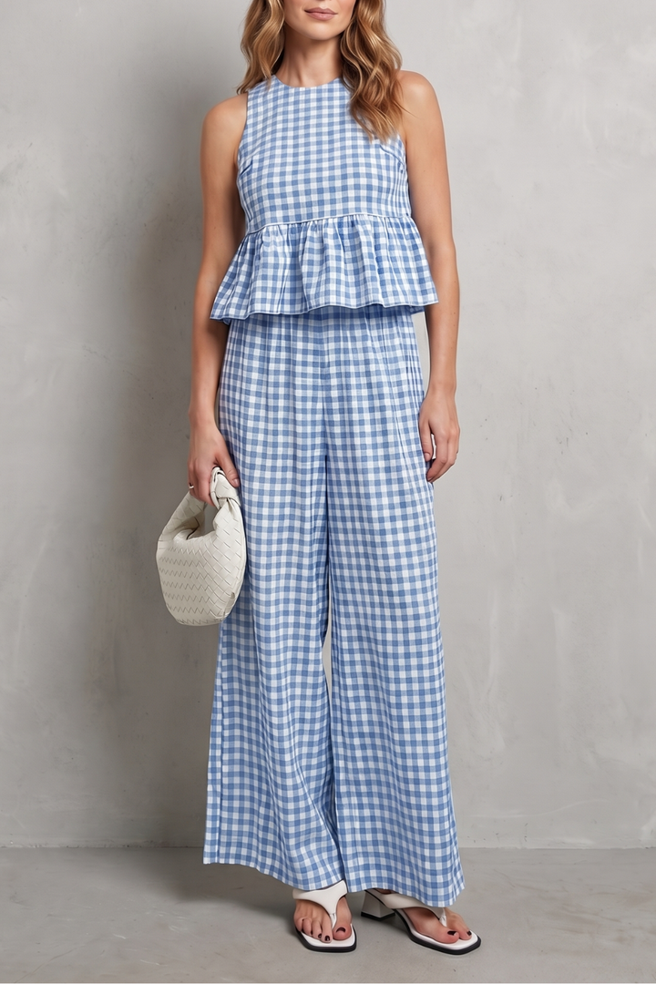 Clemency gingham ruffle top and wide leg trouser set – image 11