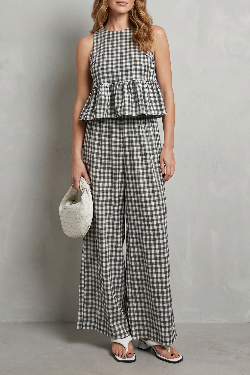 Clemency gingham ruffle top and wide leg trouser set