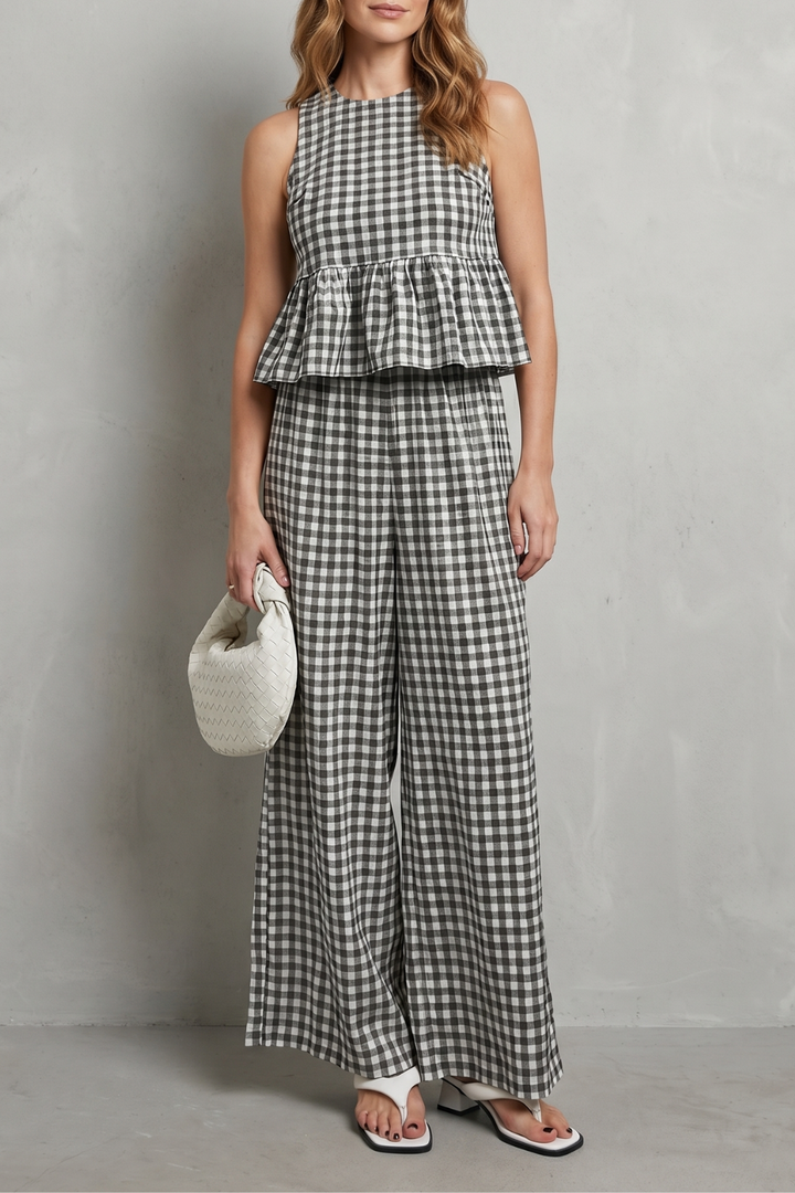 Clemency gingham ruffle top and wide leg trouser set