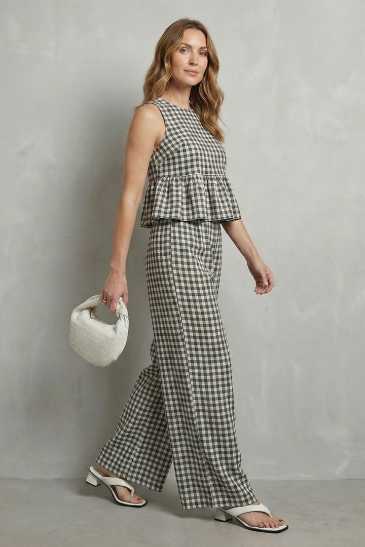 Clemency gingham ruffle top and wide leg trouser set – image 3