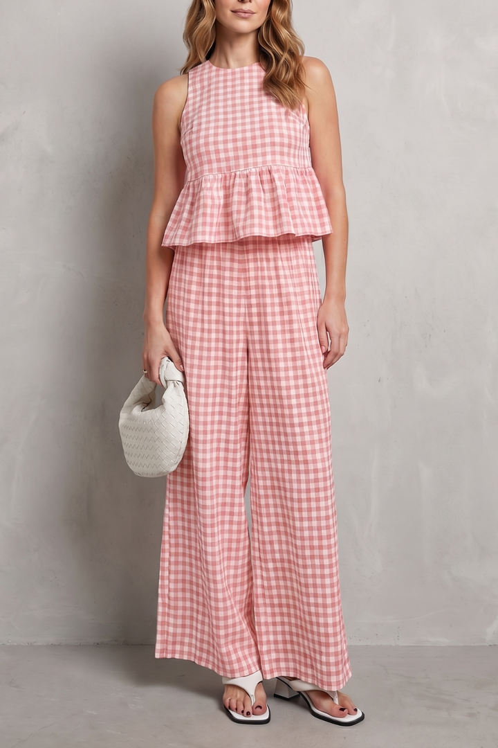 Clemency gingham ruffle top and wide leg trouser set – image 13