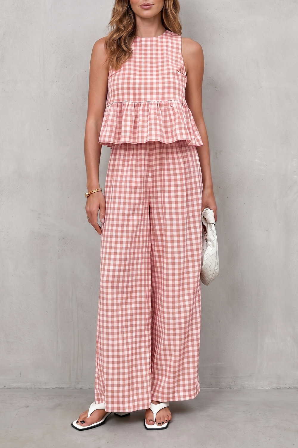 Adrienne gingham peplum top and wide leg trouser set – image 11