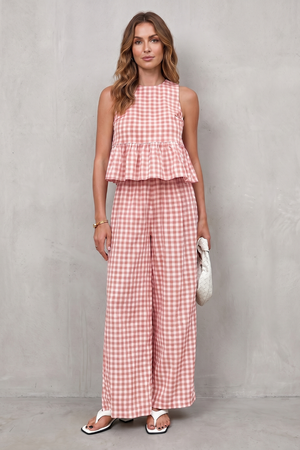 Adrienne gingham peplum top and wide leg trouser set – image 12