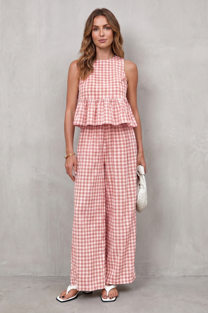 Adrienne gingham peplum top and wide leg trouser set – image 12