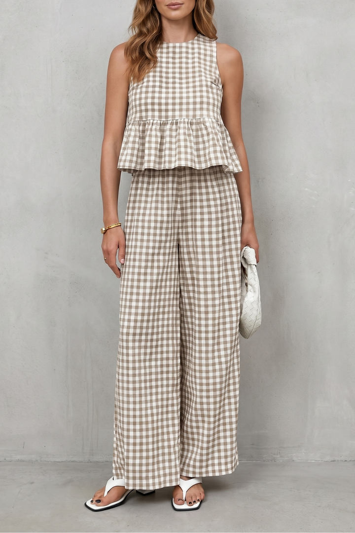 Adrienne gingham peplum top and wide leg trouser set