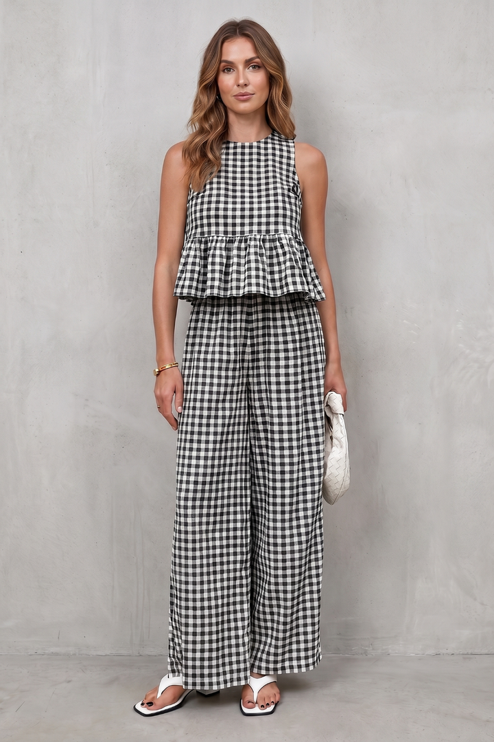 Adrienne gingham peplum top and wide leg trouser set – image 6