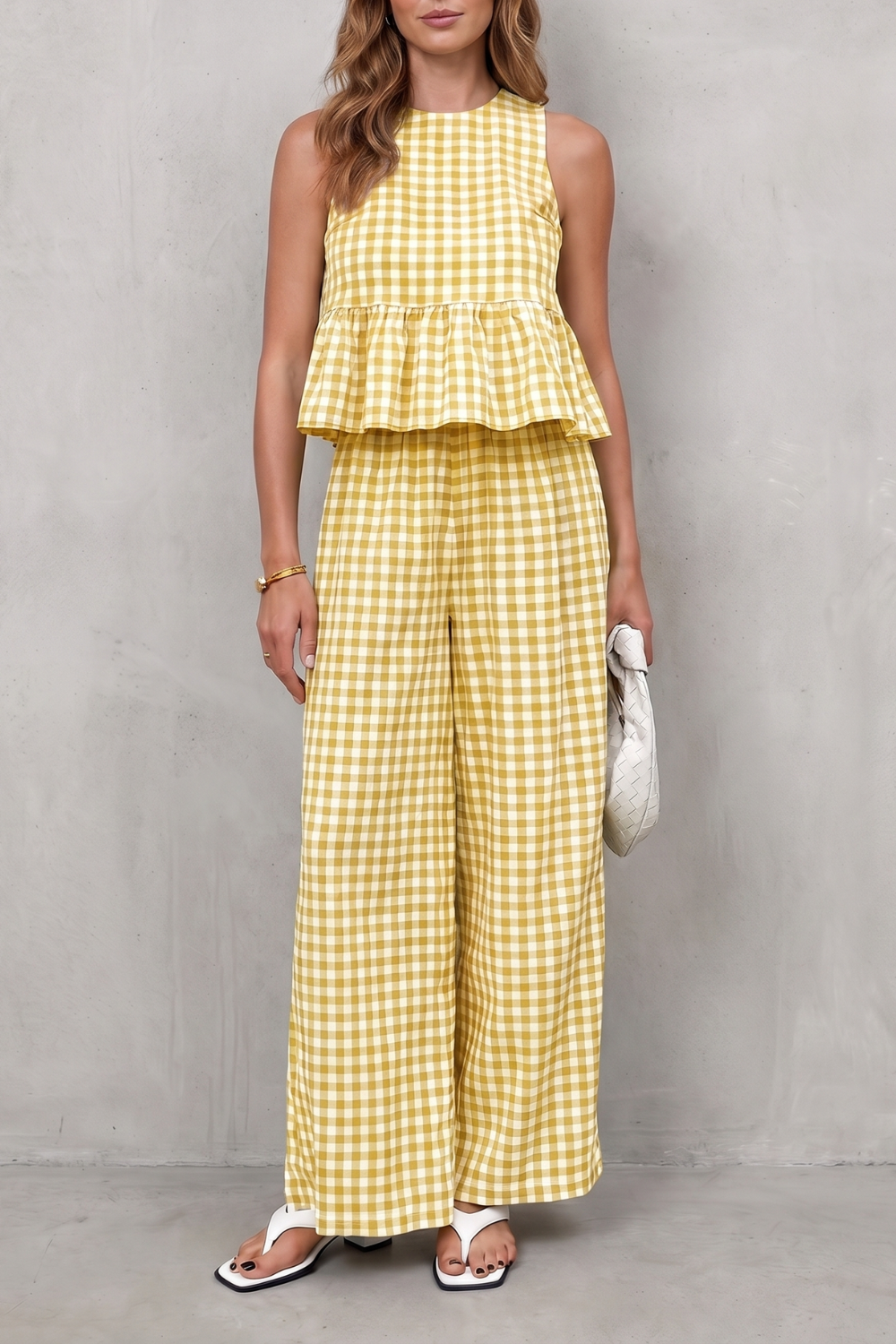 Adrienne gingham peplum top and wide leg trouser set – image 13