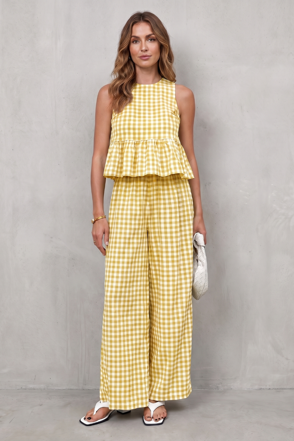 Adrienne gingham peplum top and wide leg trouser set – image 14