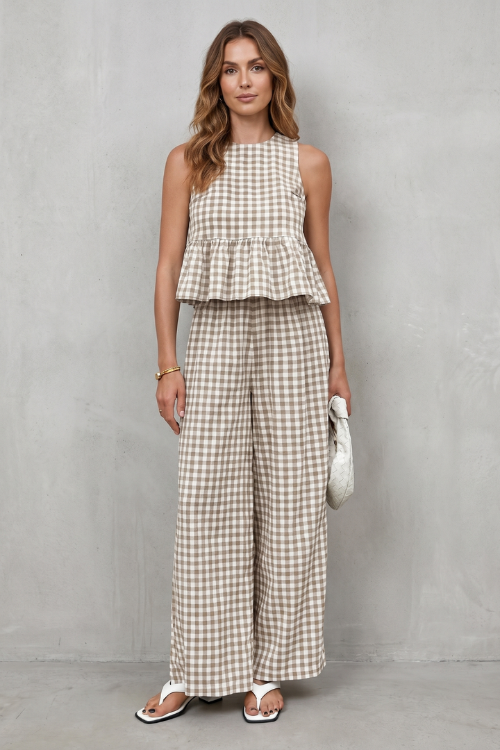 Adrienne gingham peplum top and wide leg trouser set – image 2