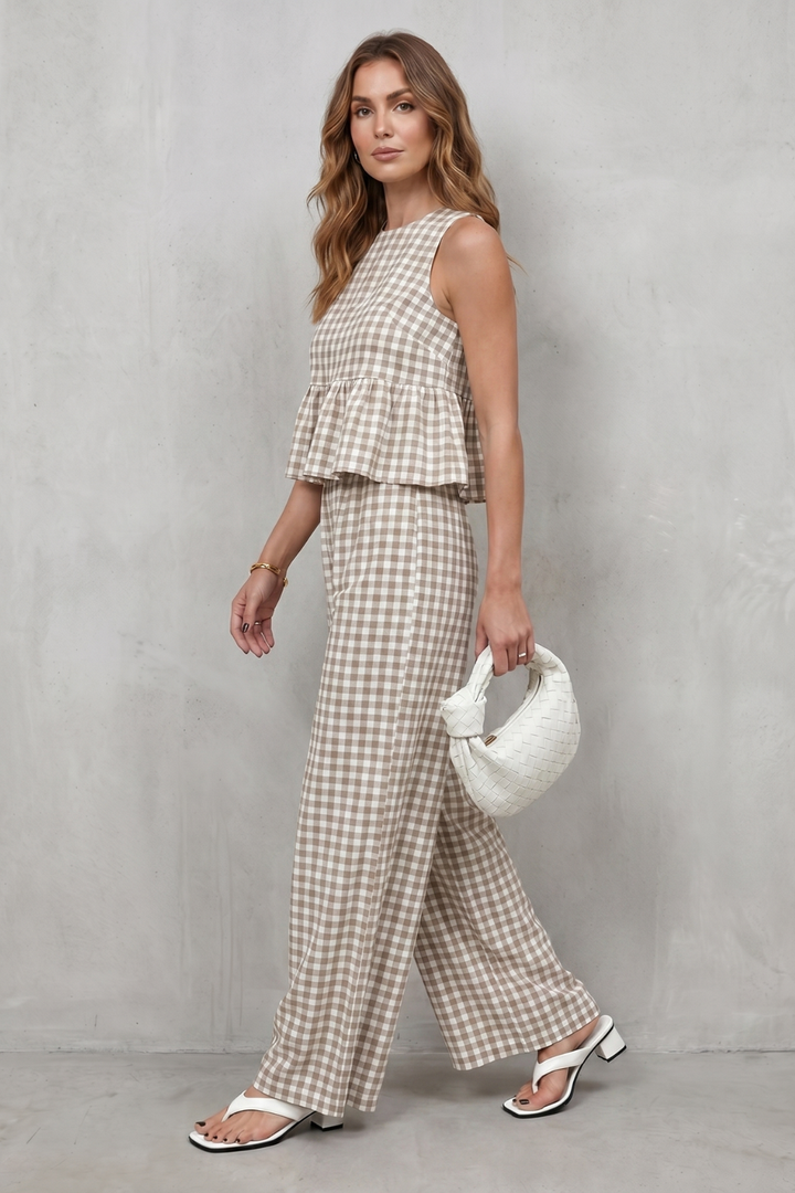 Adrienne gingham peplum top and wide leg trouser set – image 3