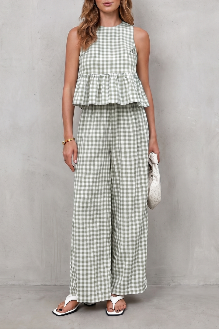 Adrienne gingham peplum top and wide leg trouser set – image 9