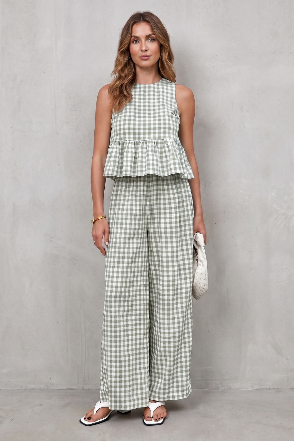 Adrienne gingham peplum top and wide leg trouser set – image 10
