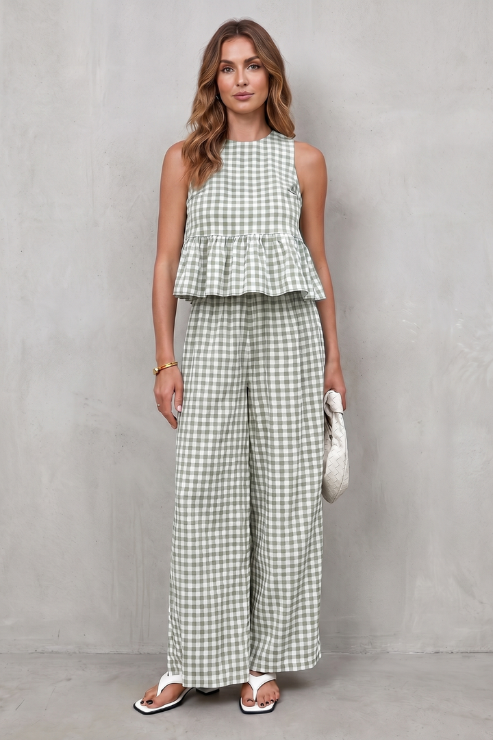 Adrienne gingham peplum top and wide leg trouser set – image 10