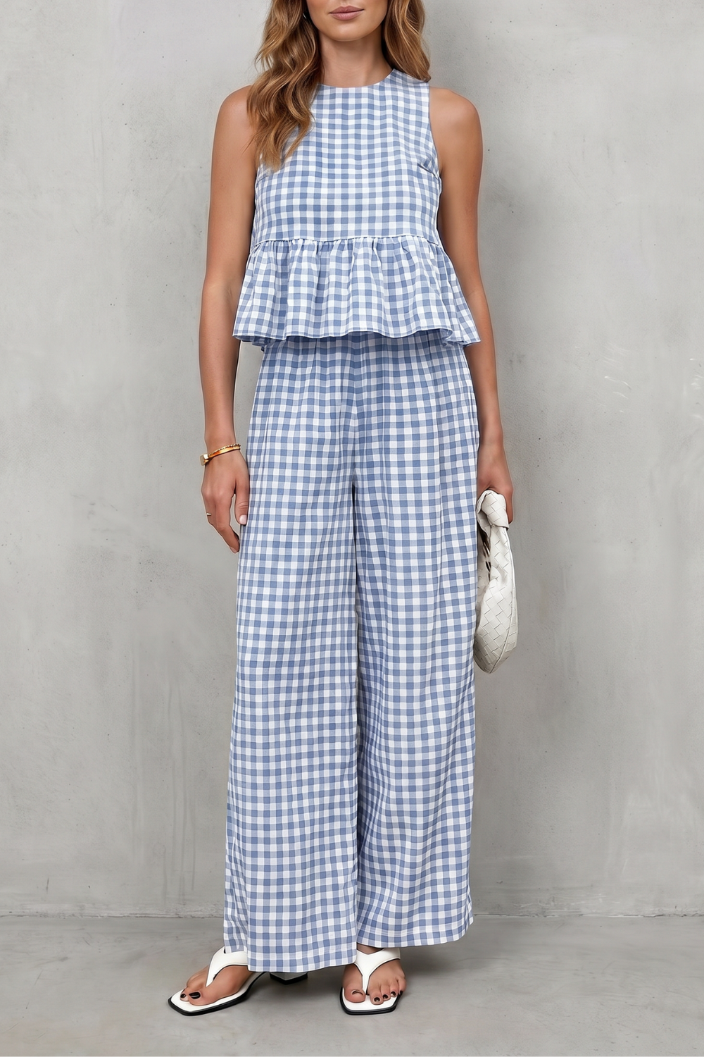 Adrienne gingham peplum top and wide leg trouser set – image 7