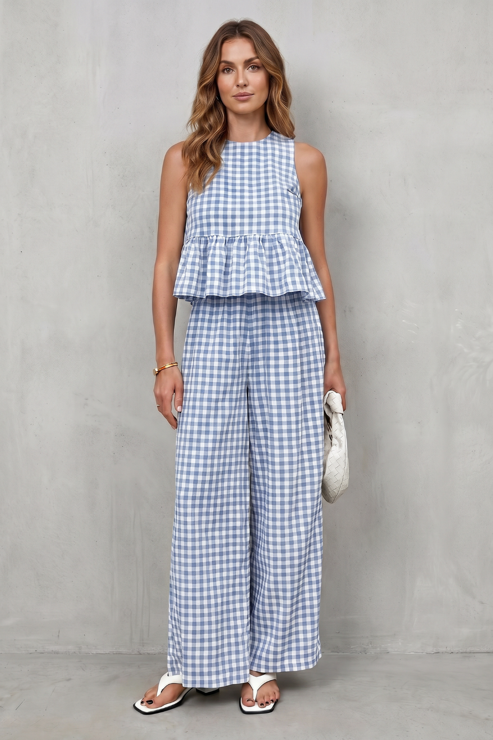 Adrienne gingham peplum top and wide leg trouser set – image 8