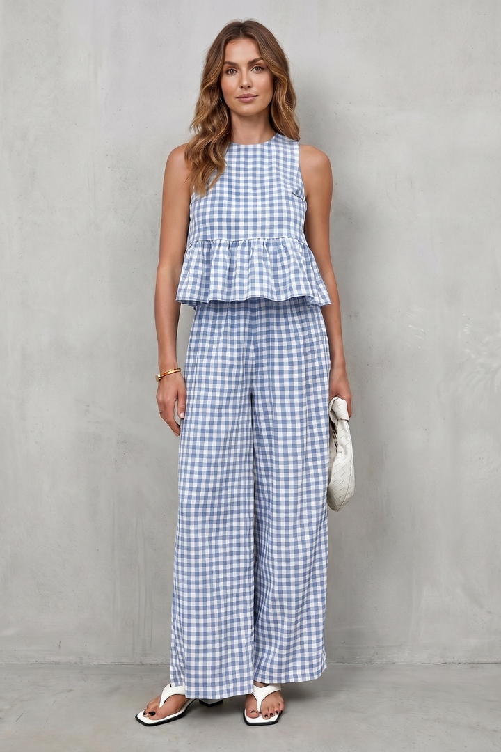 Adrienne gingham peplum top and wide leg trouser set – image 8