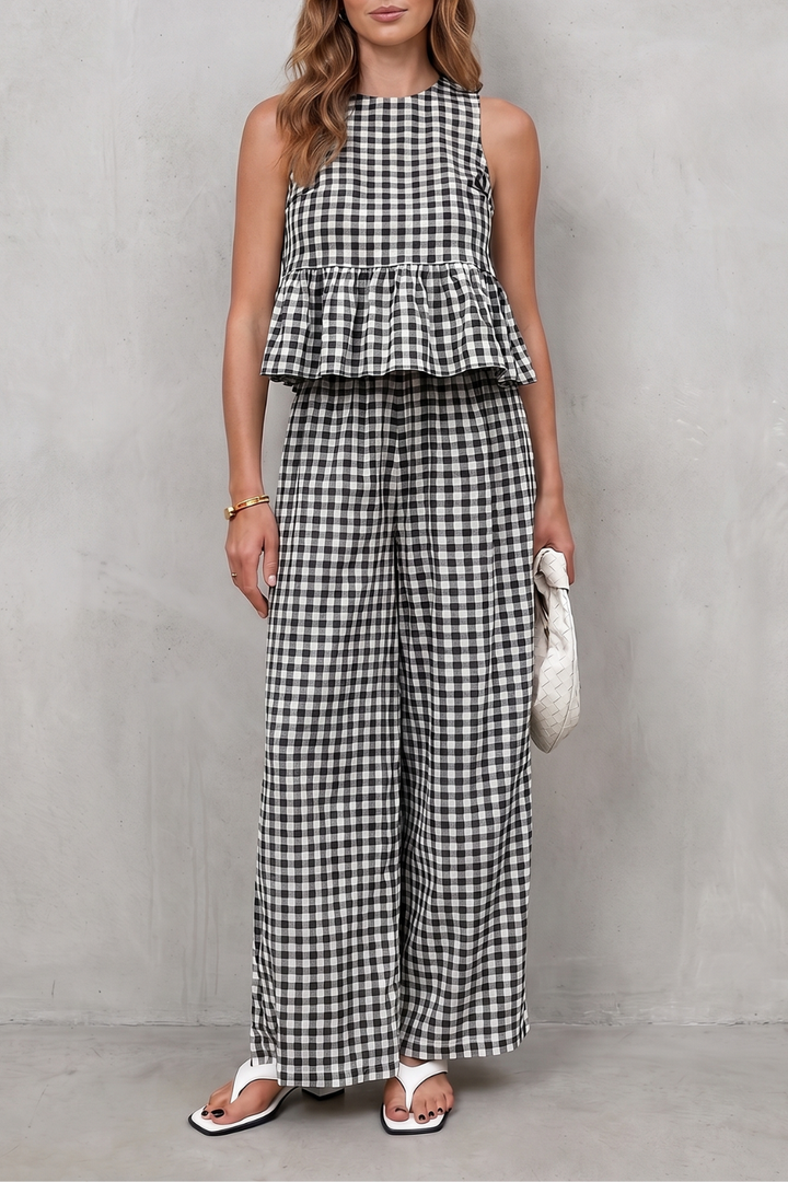 Adrienne gingham peplum top and wide leg trouser set – image 5