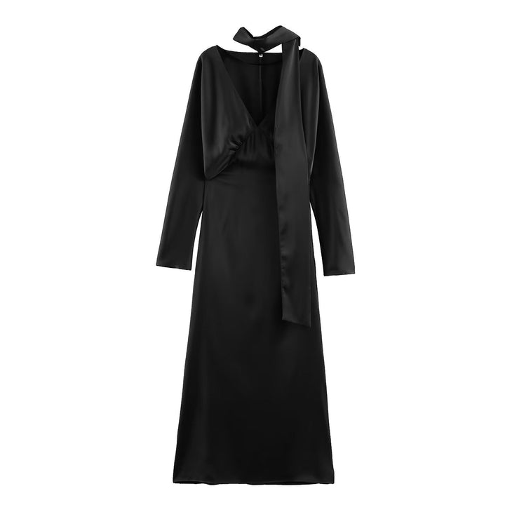 Evadne long sleeve V neck satin midi dress – image 8