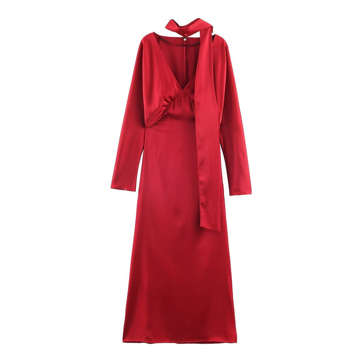 Evadne long sleeve V neck satin midi dress – image 6