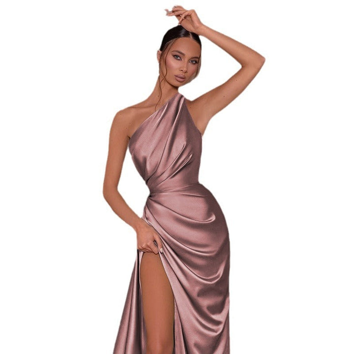 Honora draped one shoulder satin maxi dress with slit – image 5