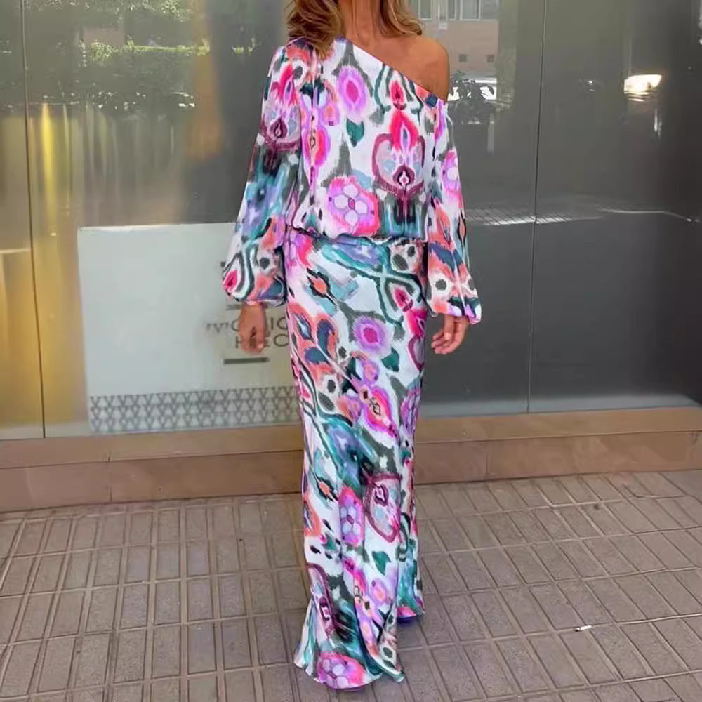 Aveline one shoulder satin maxi dress with bell sleeves – image 2