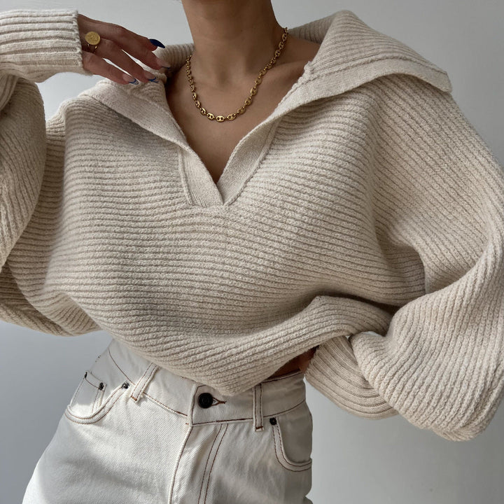 Anwen chunky knit wide collar V neck jumper – image 4