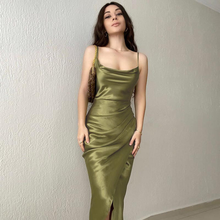Celandine asymmetric neck satin midi dress with slit – image 6