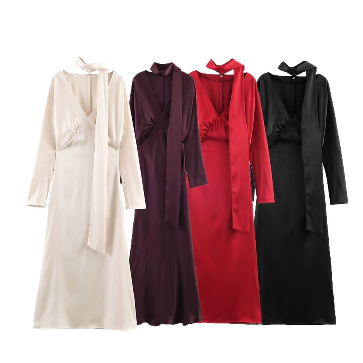 Evadne long sleeve V neck satin midi dress – image 5