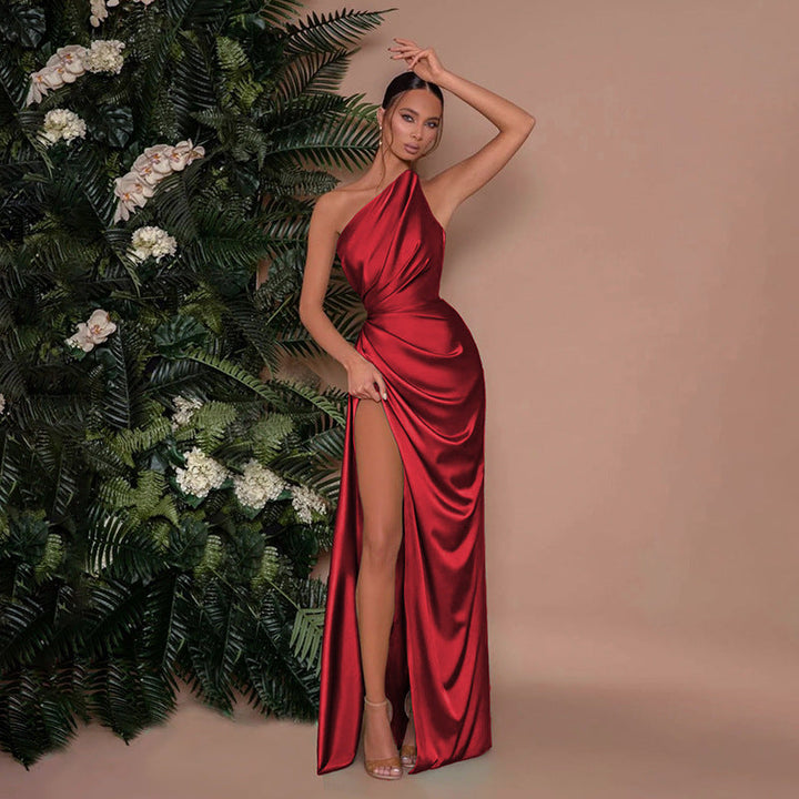 Honora draped one shoulder satin maxi dress with slit – image 8