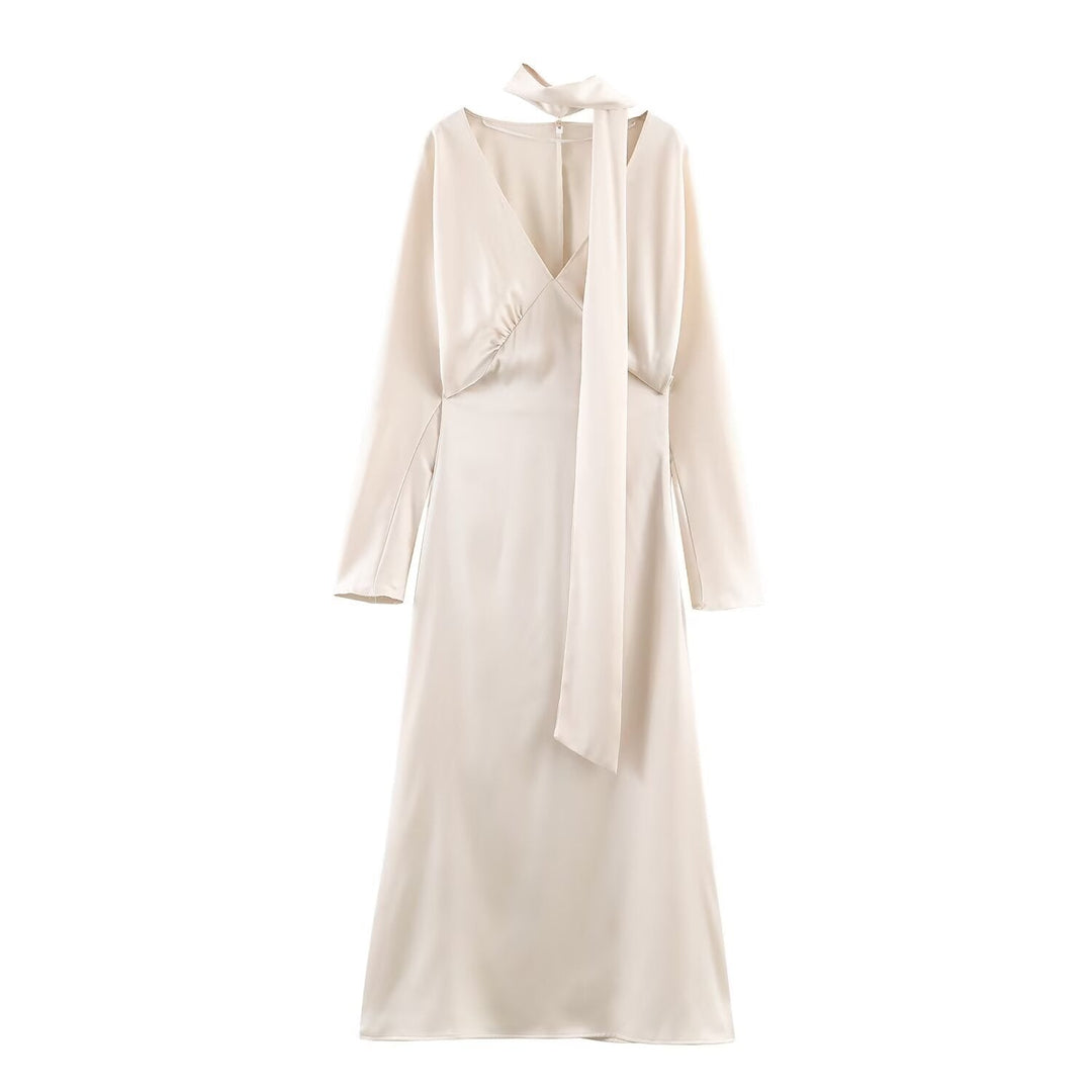 Evadne long sleeve V neck satin midi dress – image 7