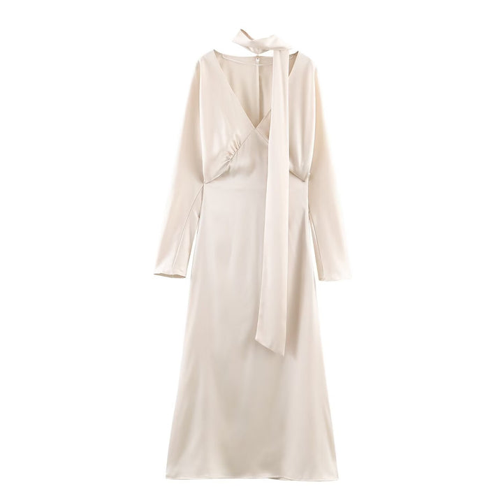 Evadne long sleeve V neck satin midi dress – image 7