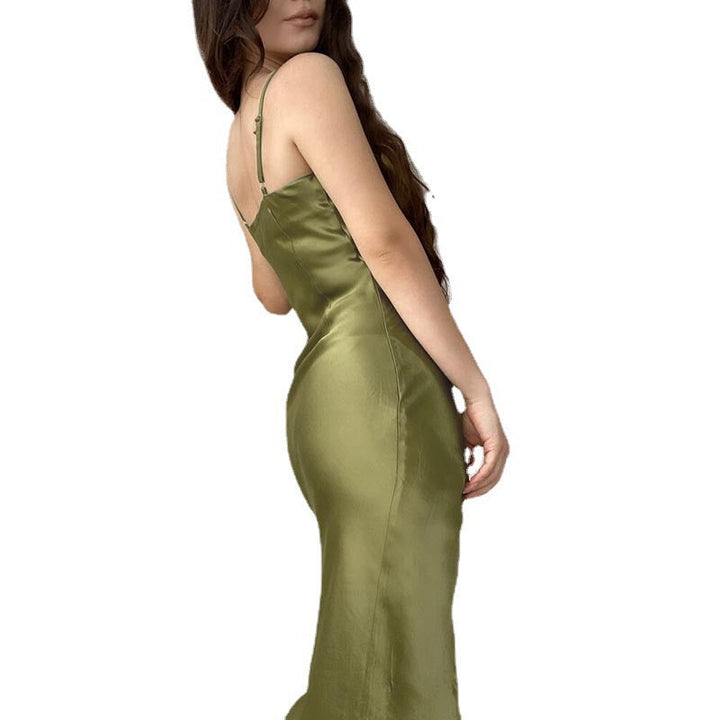 Celandine asymmetric neck satin midi dress with slit – image 5