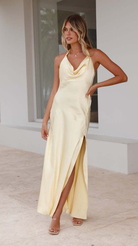 Rosamond cowl neck satin maxi dress with high slit – image 9