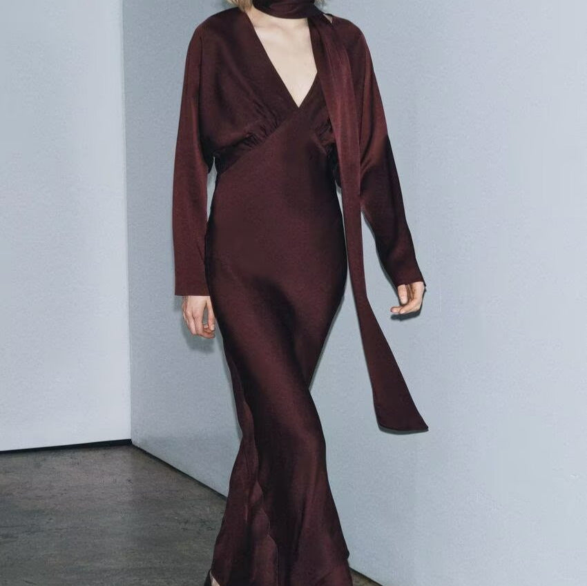 Evadne long sleeve V neck satin midi dress