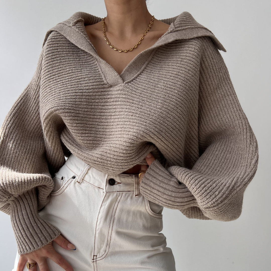 Anwen chunky knit wide collar V neck jumper – image 8