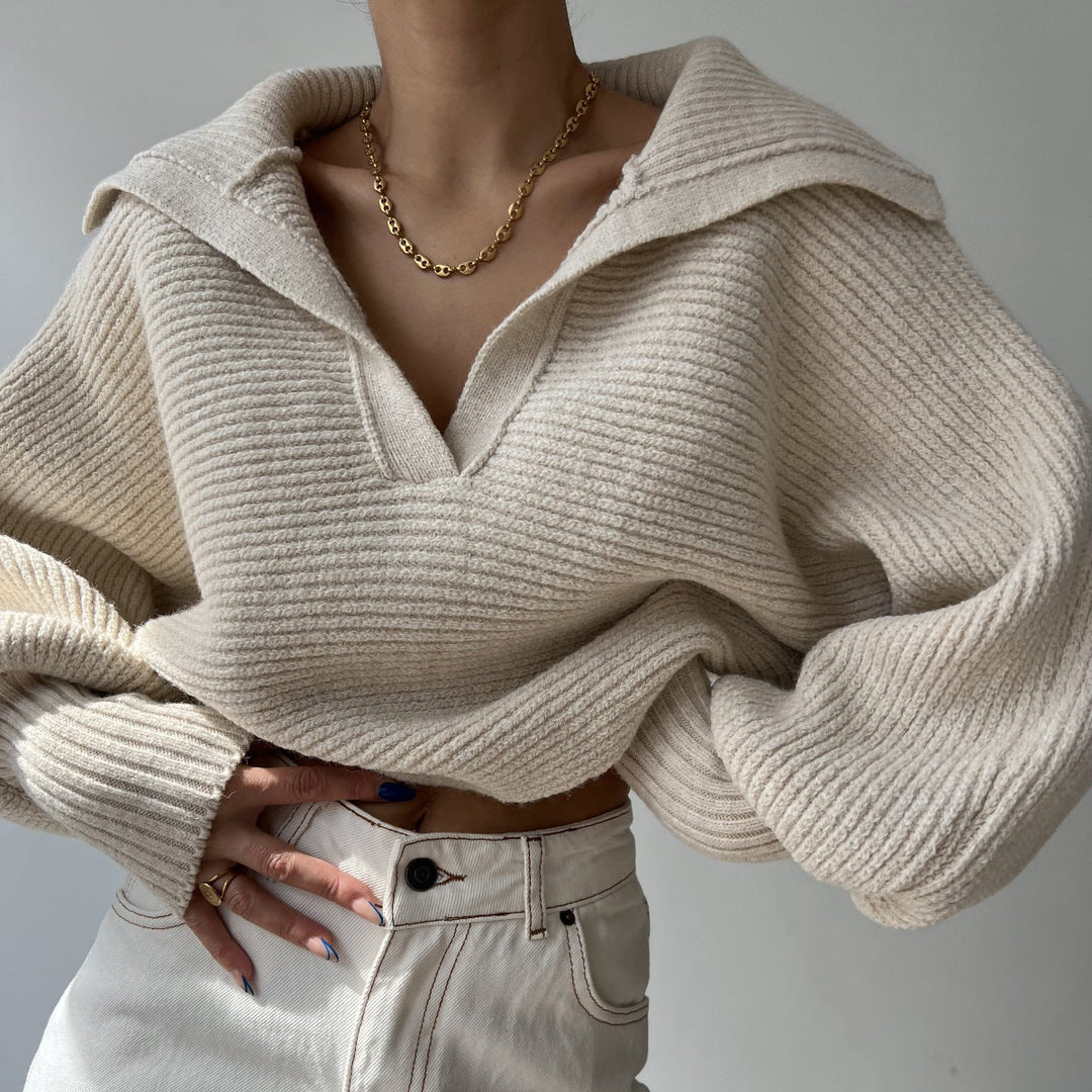 Anwen chunky knit wide collar V neck jumper – image 7