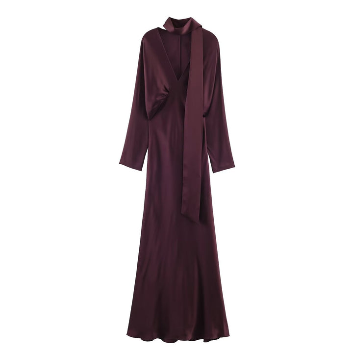 Evadne long sleeve V neck satin midi dress – image 9