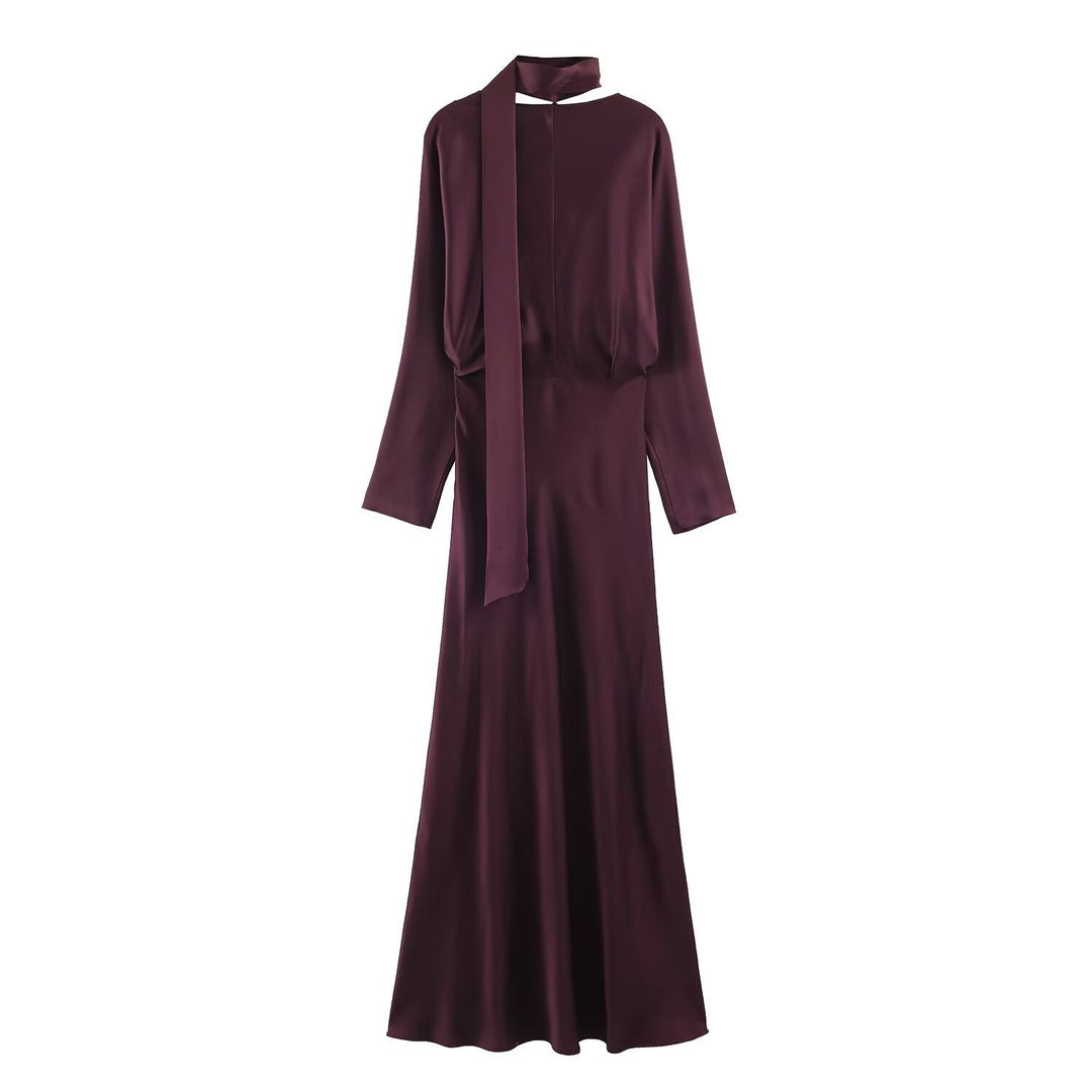 Evadne long sleeve V neck satin midi dress – image 4