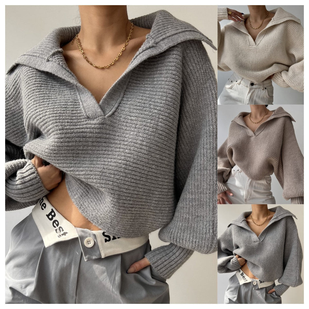 Anwen chunky knit wide collar V neck jumper