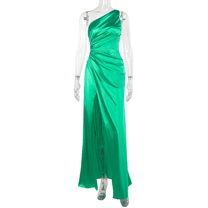 Honora draped one shoulder satin maxi dress with slit – image 10