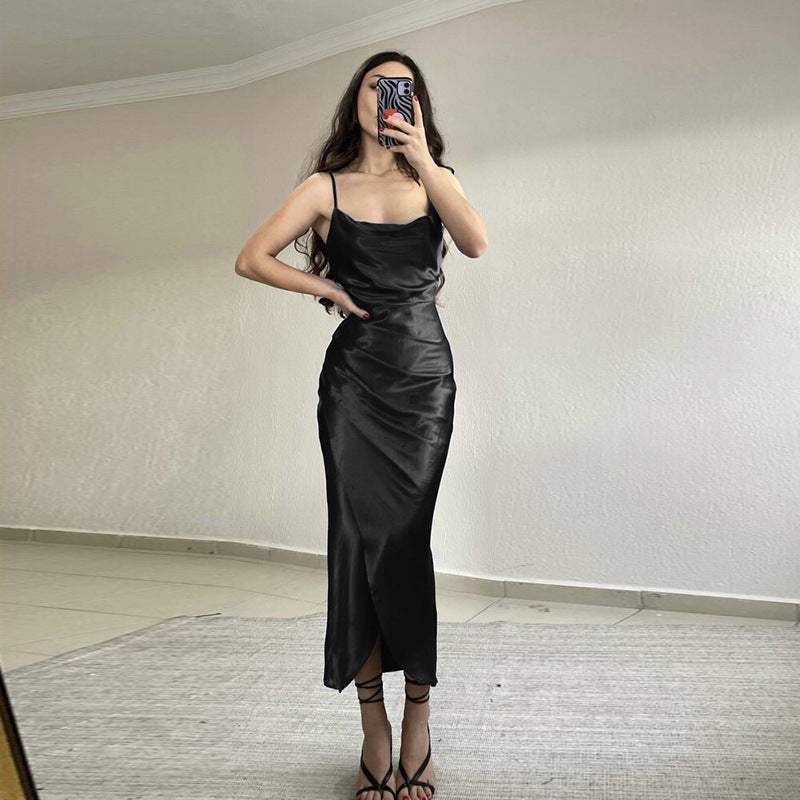 Celandine asymmetric neck satin midi dress with slit – image 11