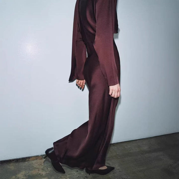 Evadne long sleeve V neck satin midi dress – image 2