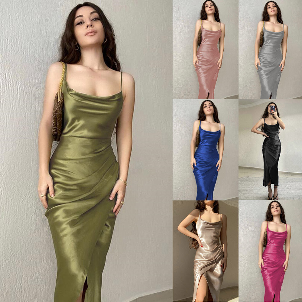 Celandine asymmetric neck satin midi dress with slit