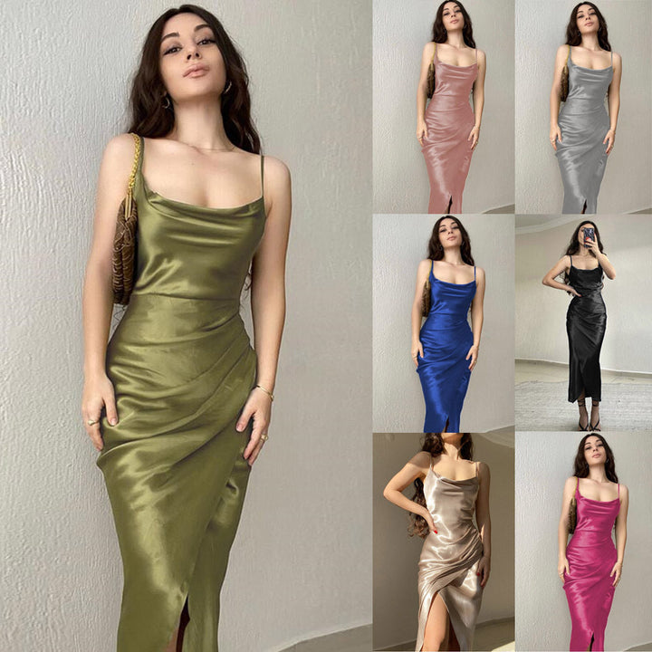 Celandine asymmetric neck satin midi dress with slit