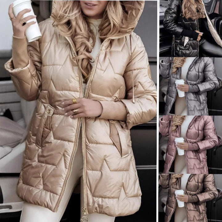 Temperance fitted mid length quilted coat with hood